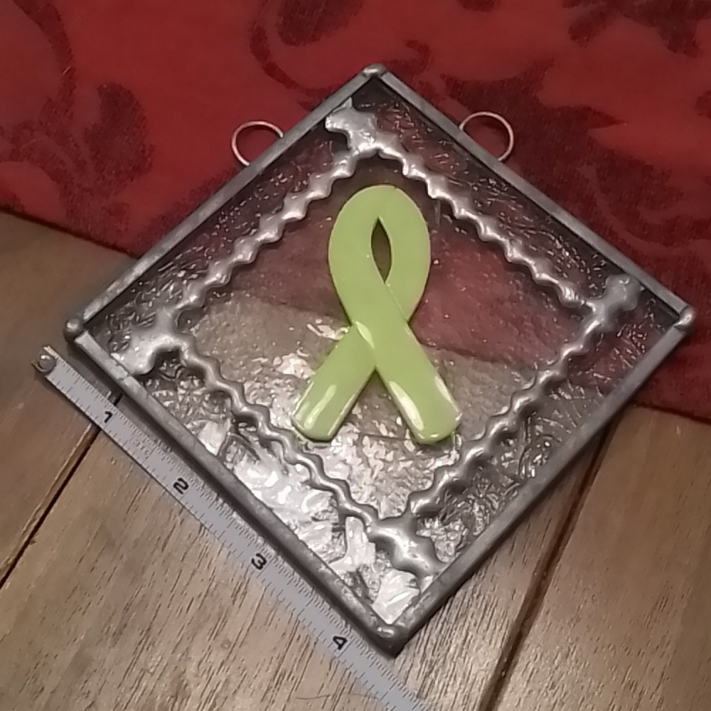 Small stained glass cancer awareness ribbon (yellow), clear field, 4.5 square